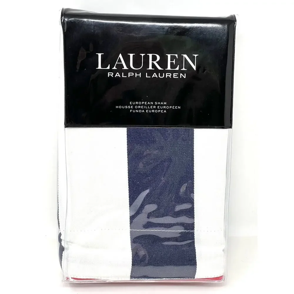 RALPH LAUREN Carter Stripe Euro Sham Navy Blue White 26” X 26” NIP 100% Cotton